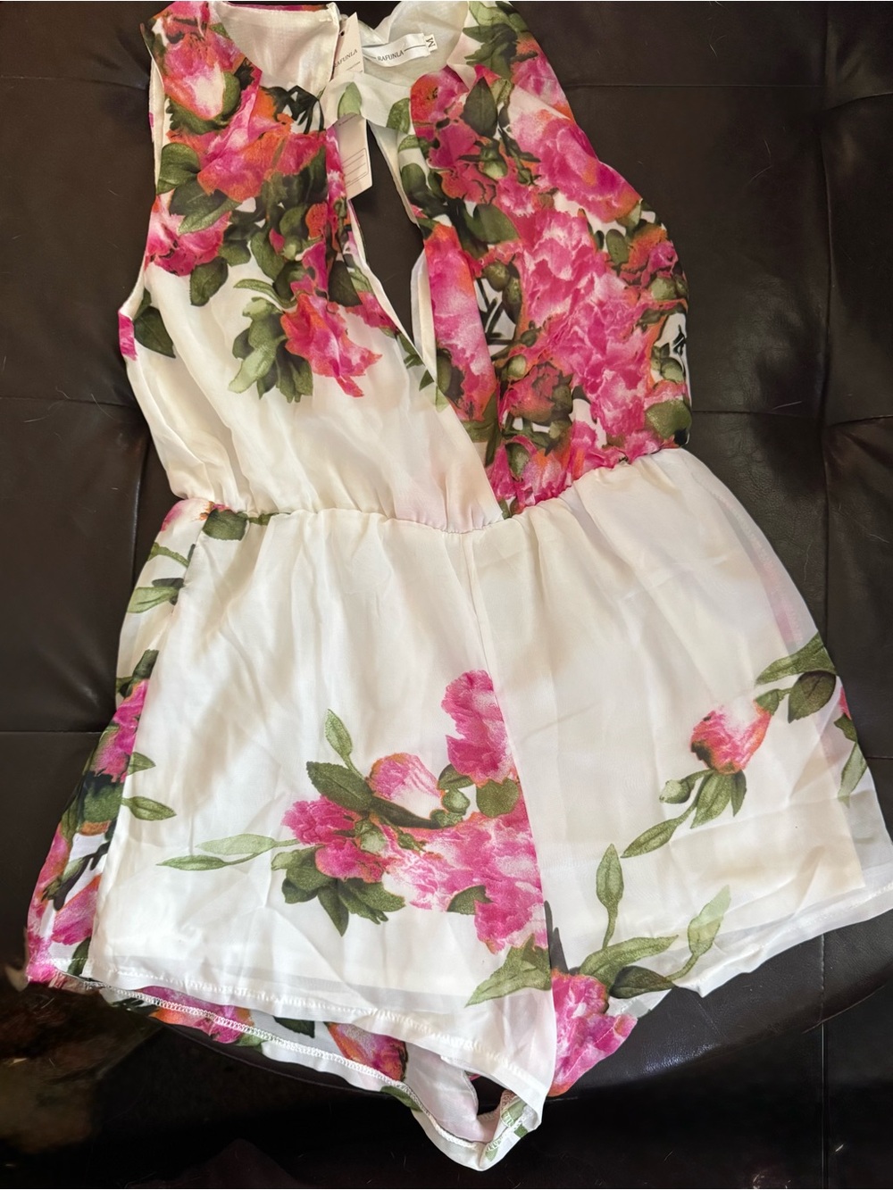 RAFUNLA Floral Sleeveless White Romper with Pink Flowers